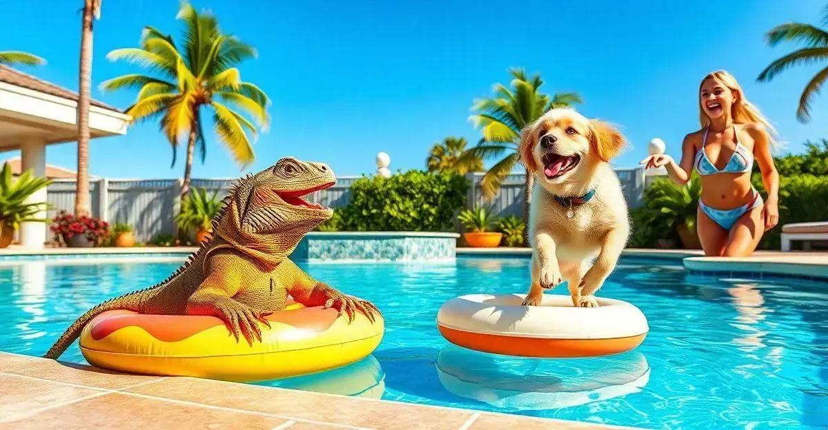 Anitta encontra iguana na piscina e cachorro fica enlouquecido